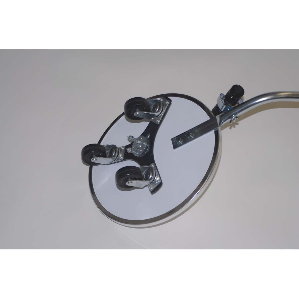 Bottom view of a 12 inch vehicle inspection mirror showing caster wheels, protected mirror rim, bolted handle, and flashlight clip