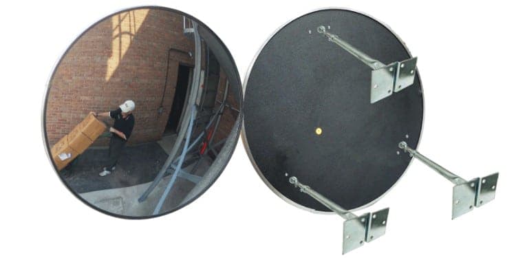 Triple telescoping bracket supporting a large outdoor convex mirror