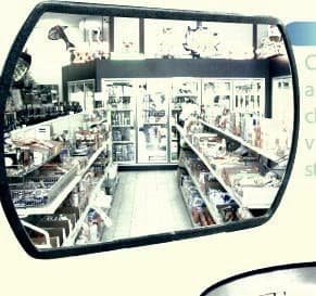 Rectangular convex mirror reflecting a convenience store aisle with coolers and shelving