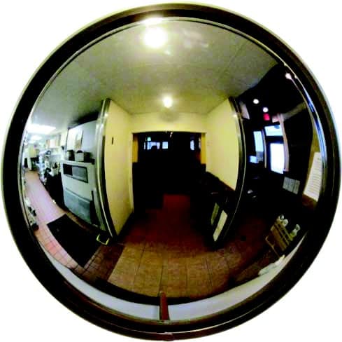 DomeVex wide-angle mirror reflecting a restaurant kitchen doorway, the server aisle, and the dining room beyond